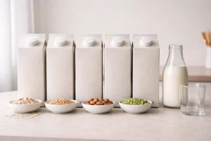 Better choices or better stories represented by anonymous oat, soy, almond and pea milk cartons lined up beside a glass bottle of milk and an empty glass