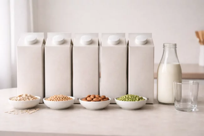 north-coast-cafe-better-choices-or-better-stories-oat-milk-alternatives Better choices or better stories represented by anonymous oat, soy, almond and pea milk cartons lined up beside a glass bottle of milk and an empty glass