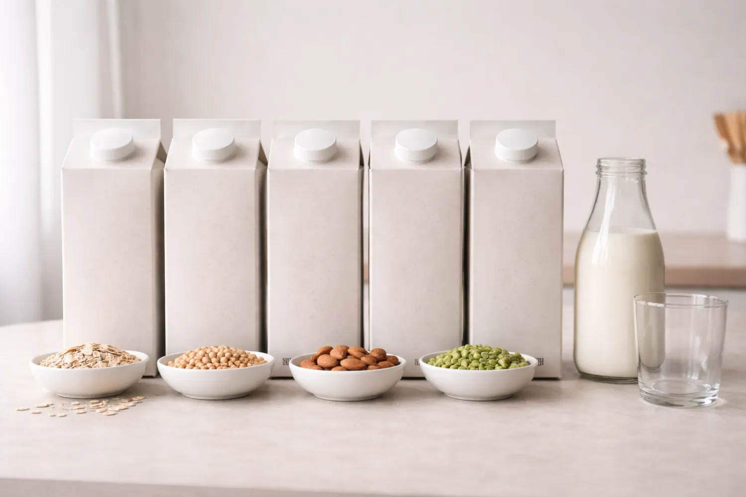Better choices or better stories represented by anonymous oat, soy, almond and pea milk cartons lined up beside a glass bottle of milk and an empty glass